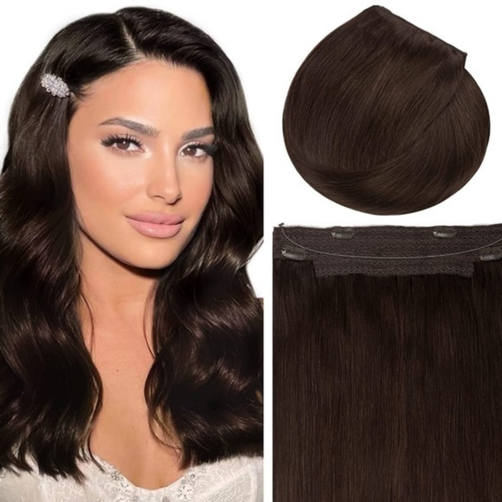 18” Dark Brown #2 Halo Fish Line Wire Extensions 100% Human Hair 1pc 95g It#GR